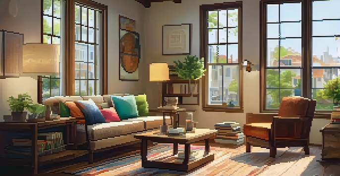 A warm and inviting Airbnb living room with wooden furniture and colorful cushions, featuring a large window with a view of trees outside.