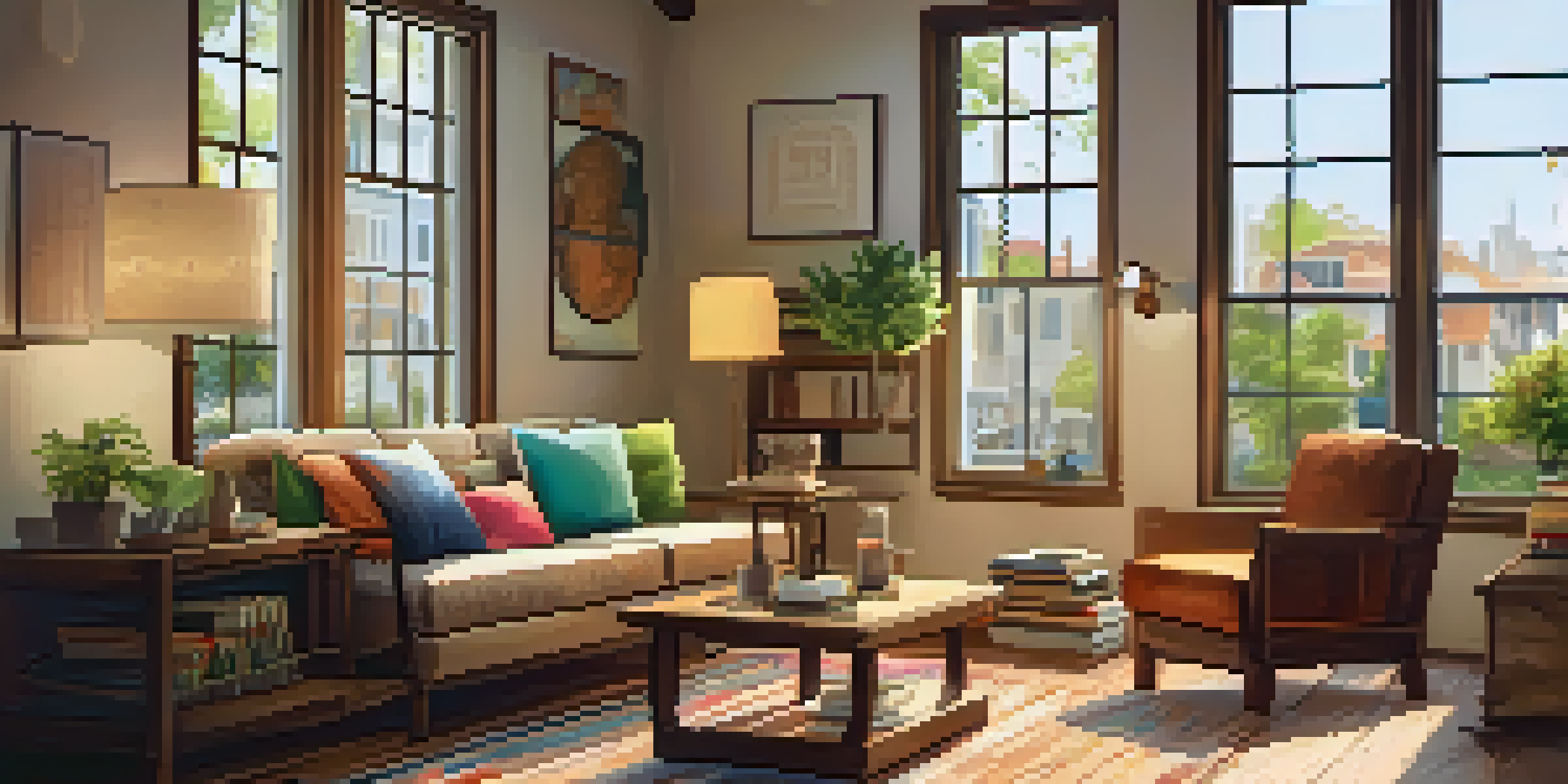 A warm and inviting Airbnb living room with wooden furniture and colorful cushions, featuring a large window with a view of trees outside.