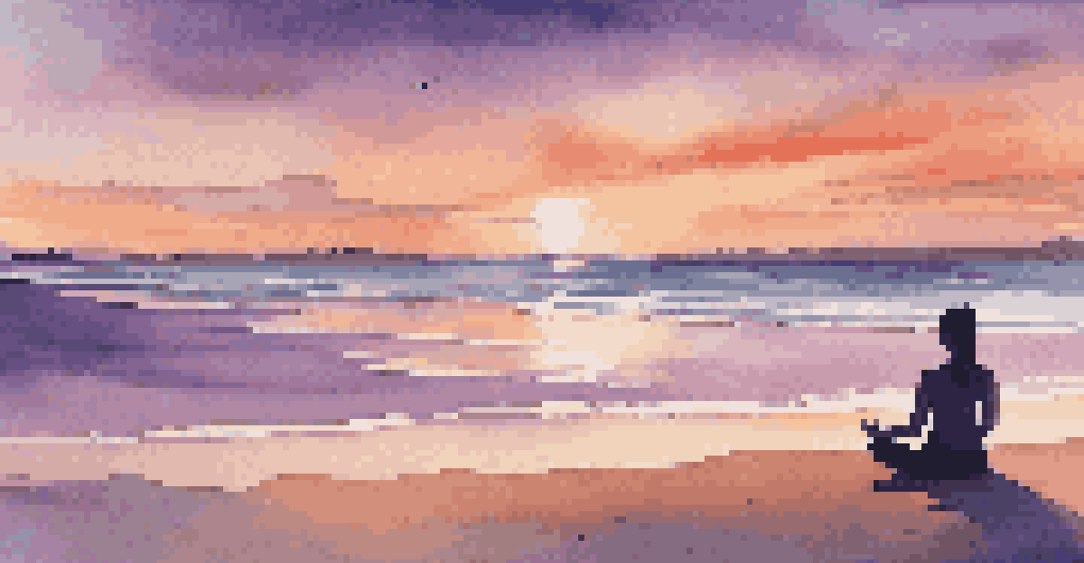 A digital nomad practicing yoga on the beach at sunset, with colorful skies and calm ocean waves.