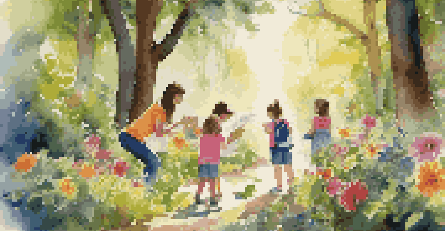 A family enjoying a nature scavenger hunt outdoors, with children searching for items while adults assist them in a lush green setting.