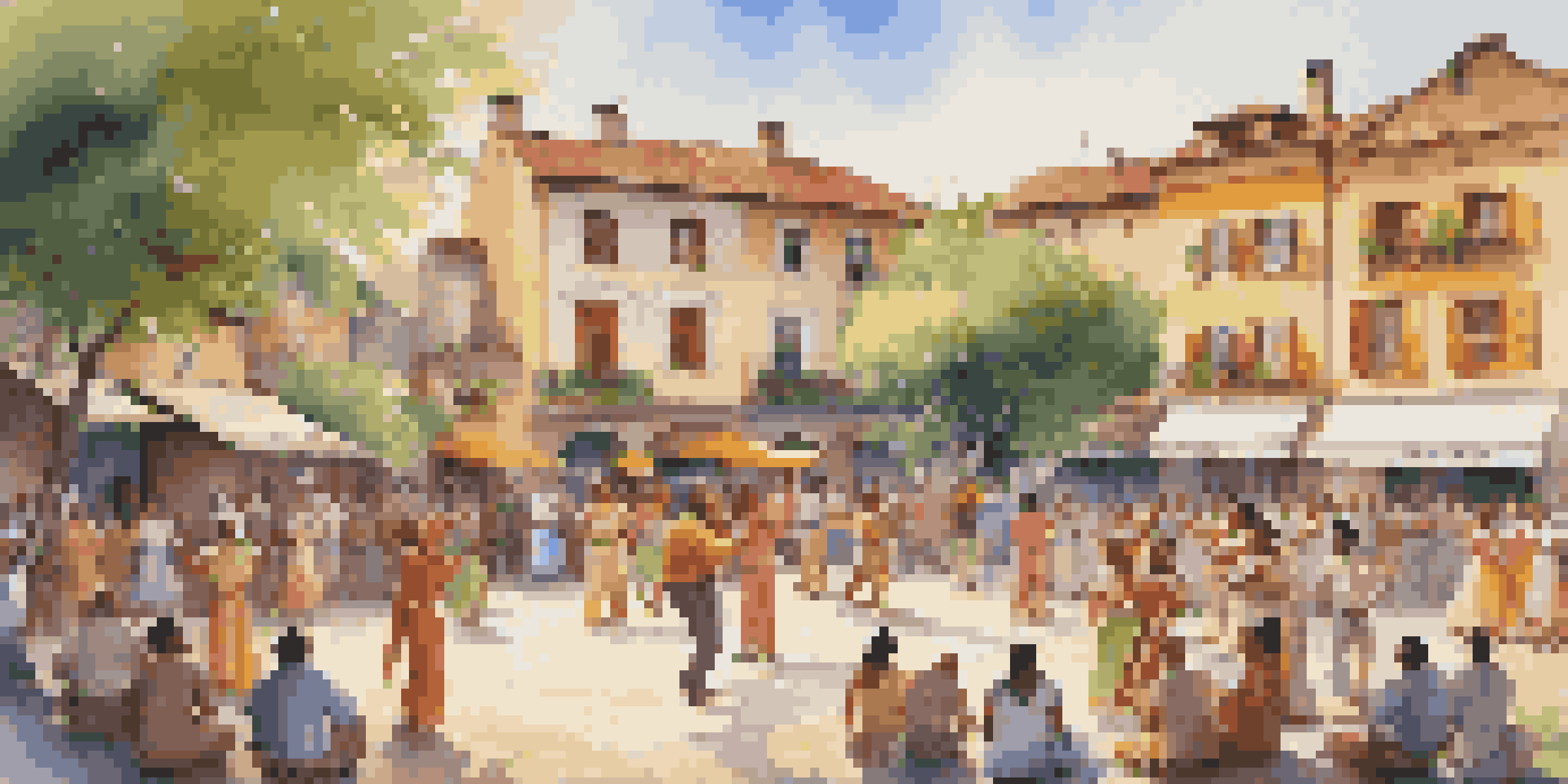 A colorful village square with musicians and dancers performing traditional music and dance, surrounded by greenery and buildings under warm sunlight.