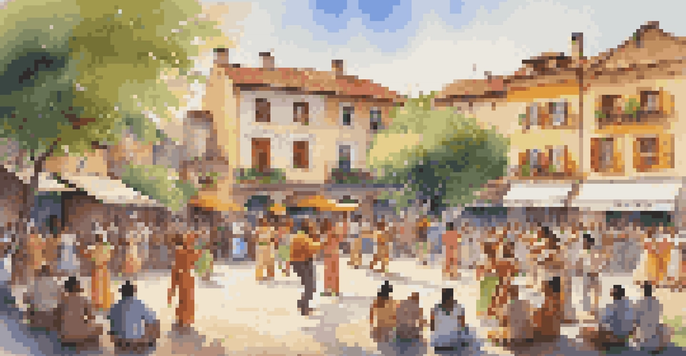 A colorful village square with musicians and dancers performing traditional music and dance, surrounded by greenery and buildings under warm sunlight.