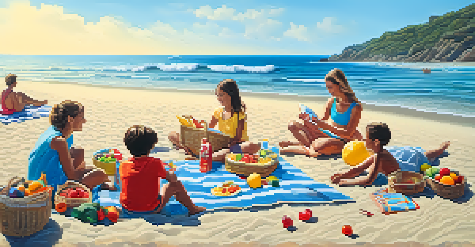 A family having a picnic on the beach with a basket of fruits and children playing nearby.