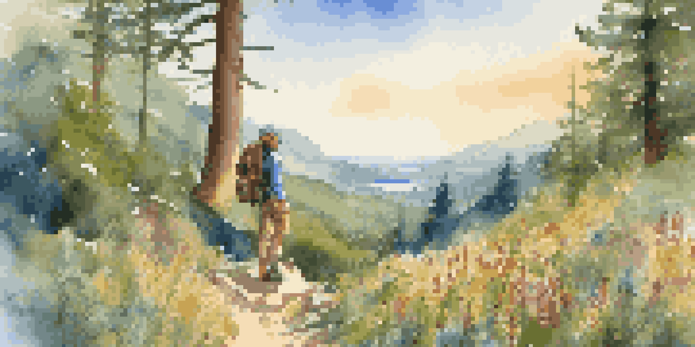 A hiker in eco-friendly gear stands on a mountain trail surrounded by greenery and wildflowers, with sunlight filtering through the trees.