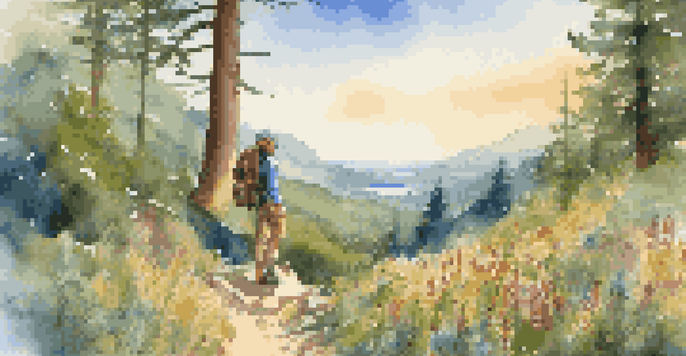 A hiker in eco-friendly gear stands on a mountain trail surrounded by greenery and wildflowers, with sunlight filtering through the trees.