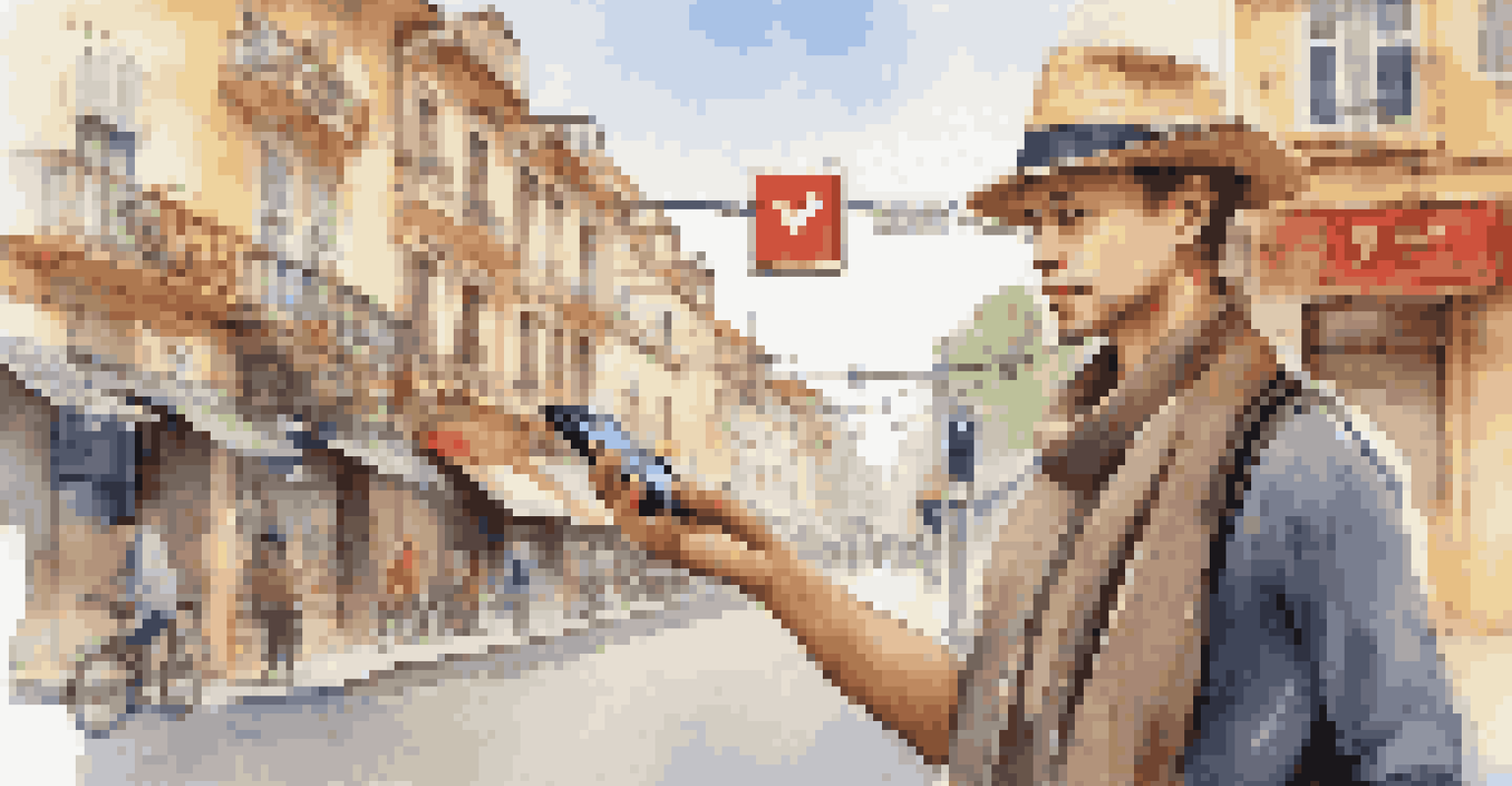 A traveler pointing their smartphone at a street sign for real-time translation, with a busy street filled with cafes and shops in the background.