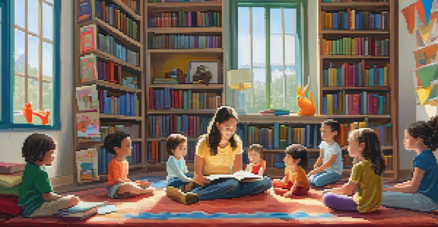 A volunteer reading to a group of attentive children in a cozy library filled with books.