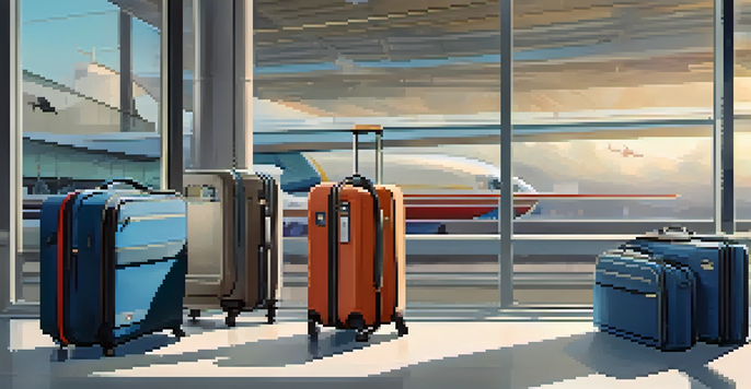 A modern smart suitcase with a charging port, open and organized, in a busy airport terminal with travelers and bright windows.