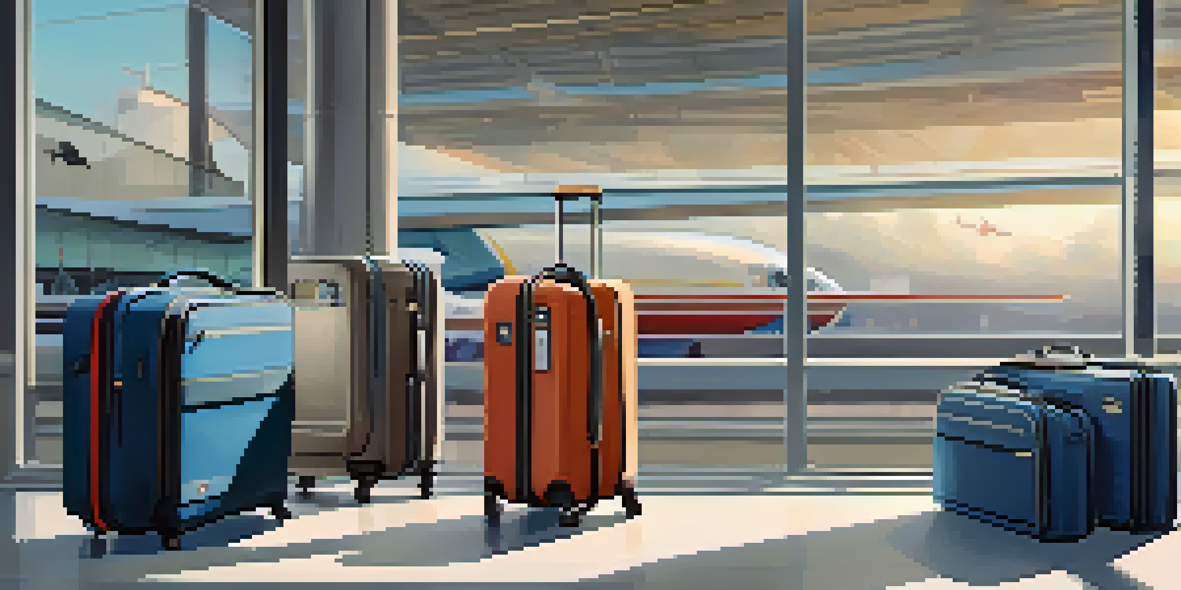 A modern smart suitcase with a charging port, open and organized, in a busy airport terminal with travelers and bright windows.