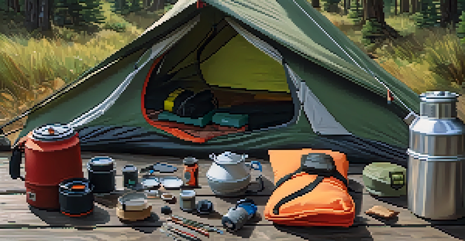 Essential backpacking gear including a tent, sleeping bag, cooking pot, and hydration system displayed on a wooden surface.