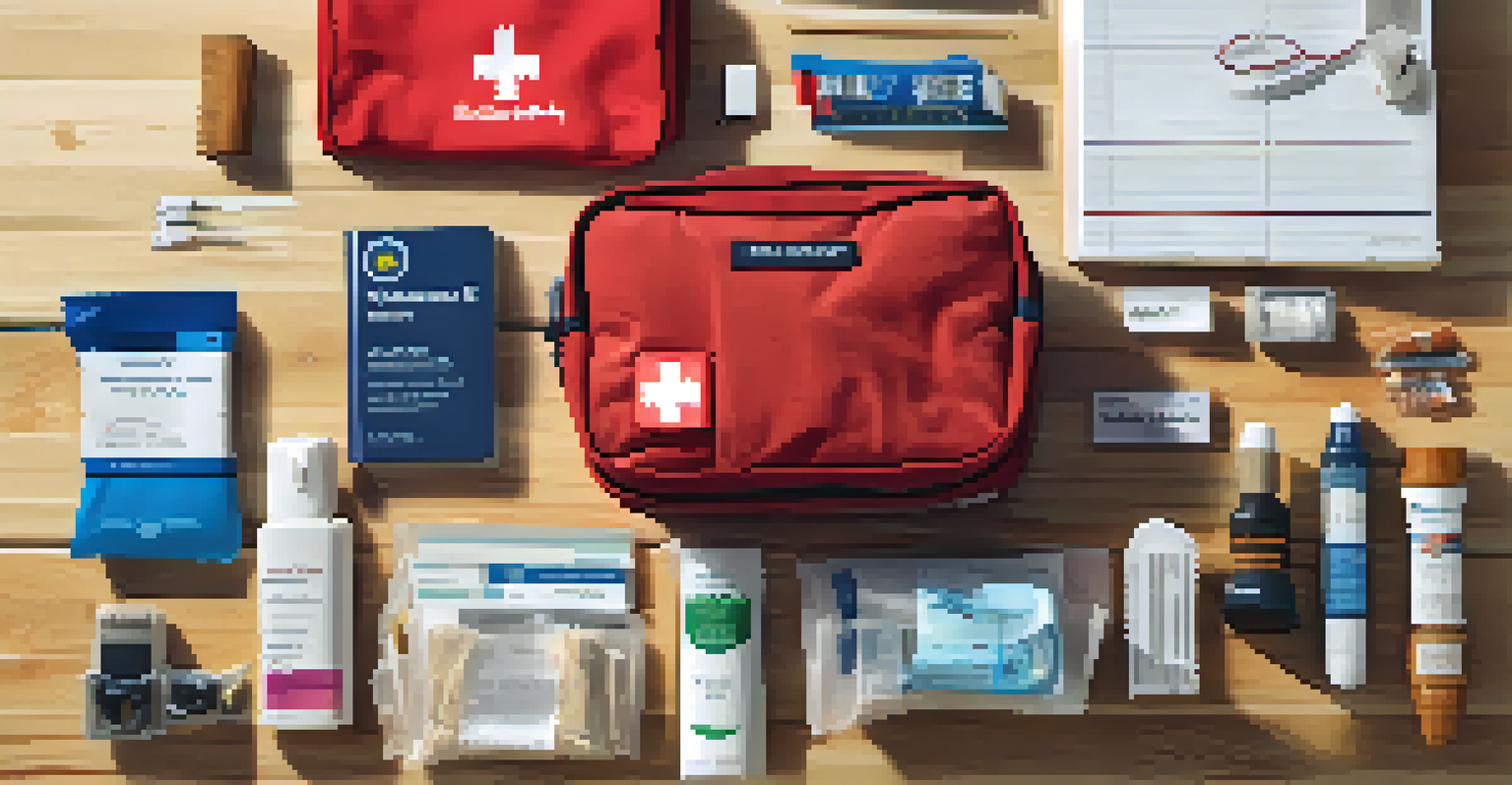 A travel kit featuring essential items such as a first aid kit, snacks, and documents, arranged neatly on a table with natural light.