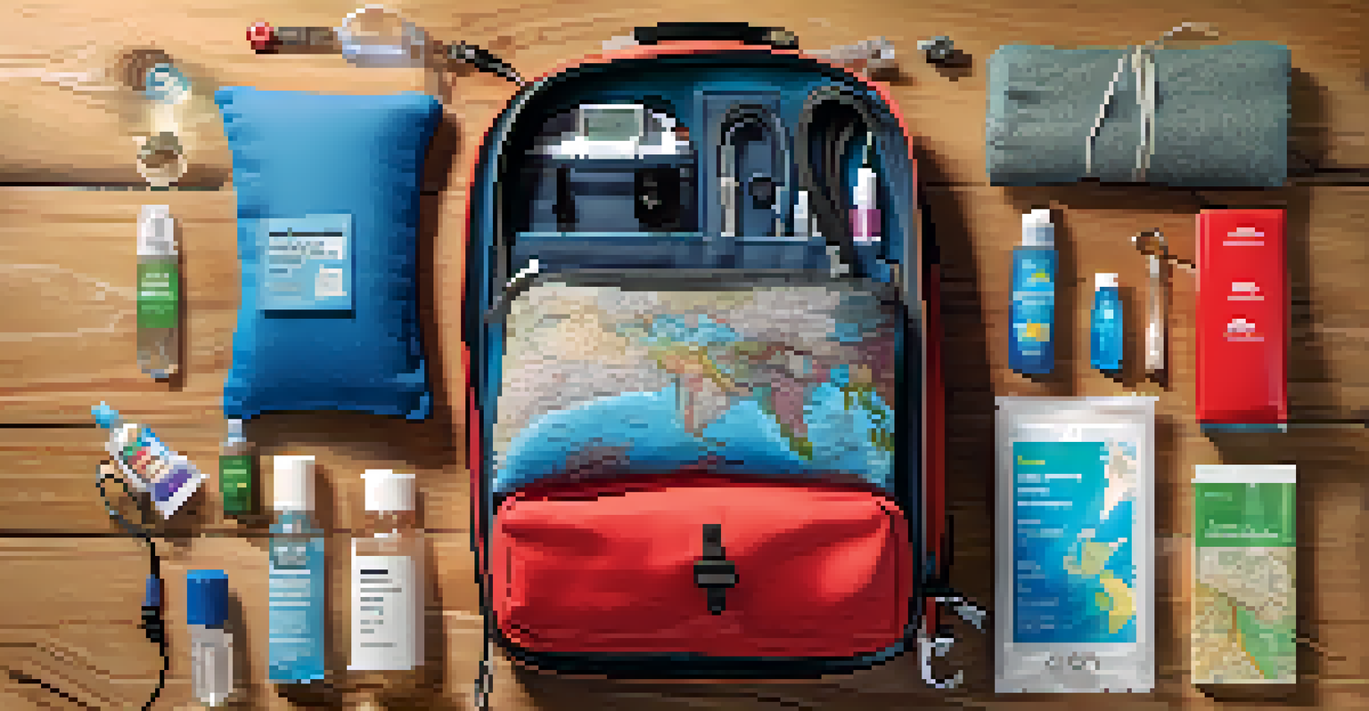 An organized travel kit with essential items like a first aid kit and flashlight on a wooden table, with a map and smartphone in the background.
