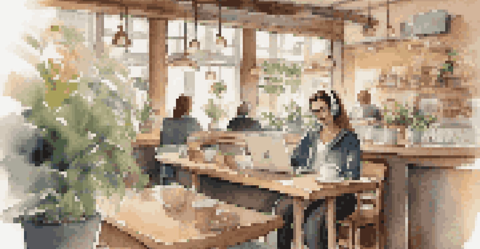 A person engaged in a video call while working remotely from a cozy café, surrounded by a warm and inviting atmosphere.
