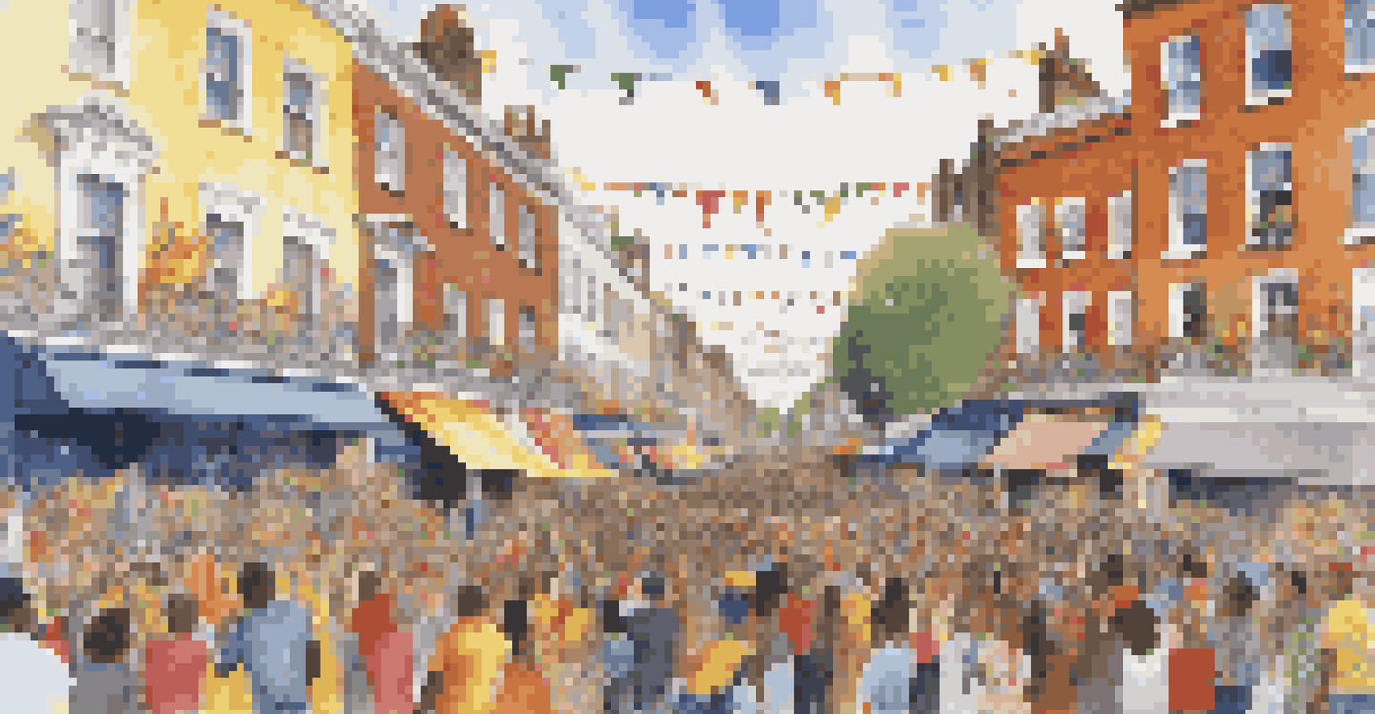 A panoramic view of the Notting Hill Carnival parade with floats and participants in colorful costumes, surrounded by cheering spectators and historic buildings.