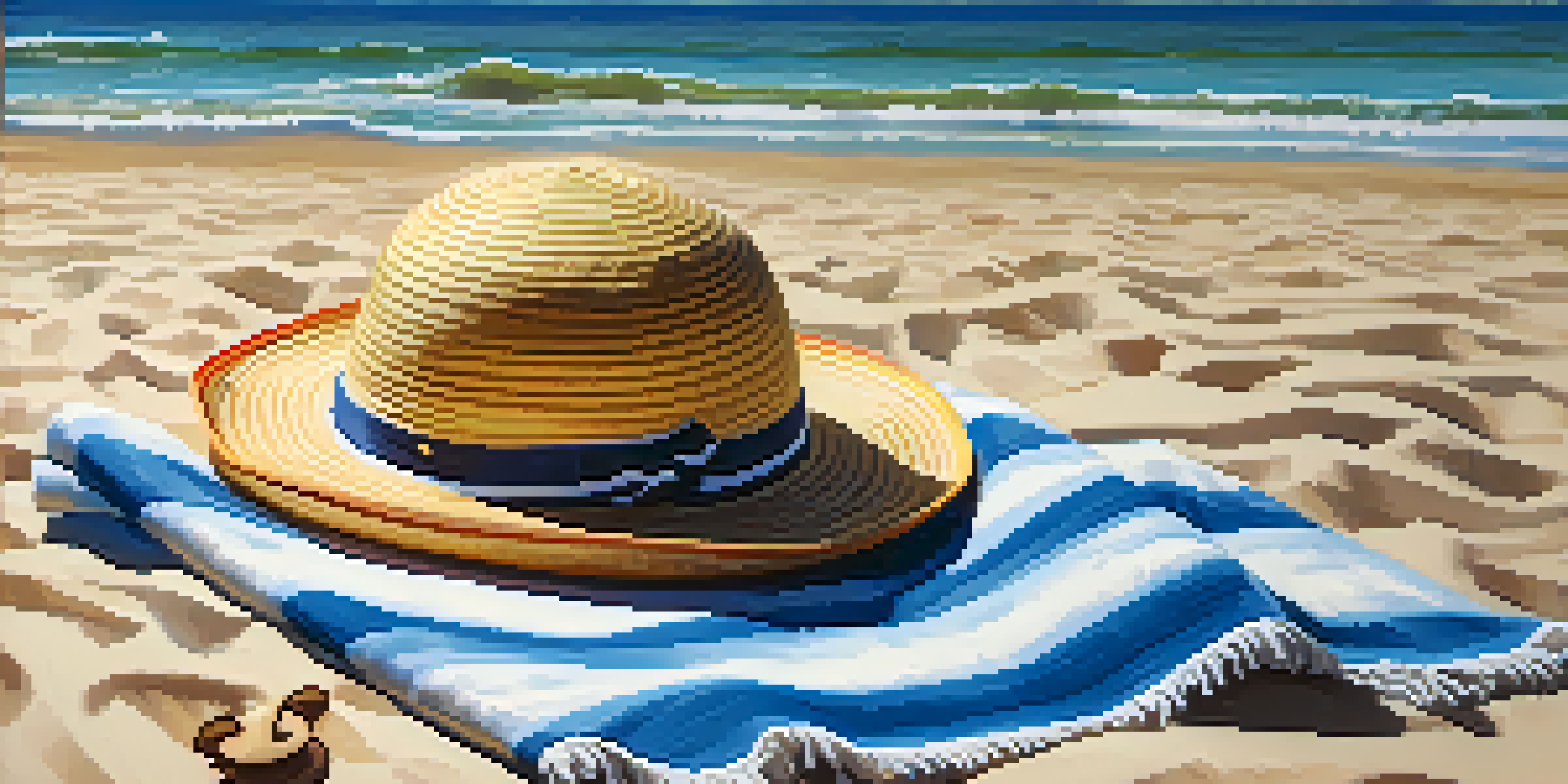 A beach setting with a wide-brimmed hat and sunglasses on a towel, palm trees and ocean waves in the background.