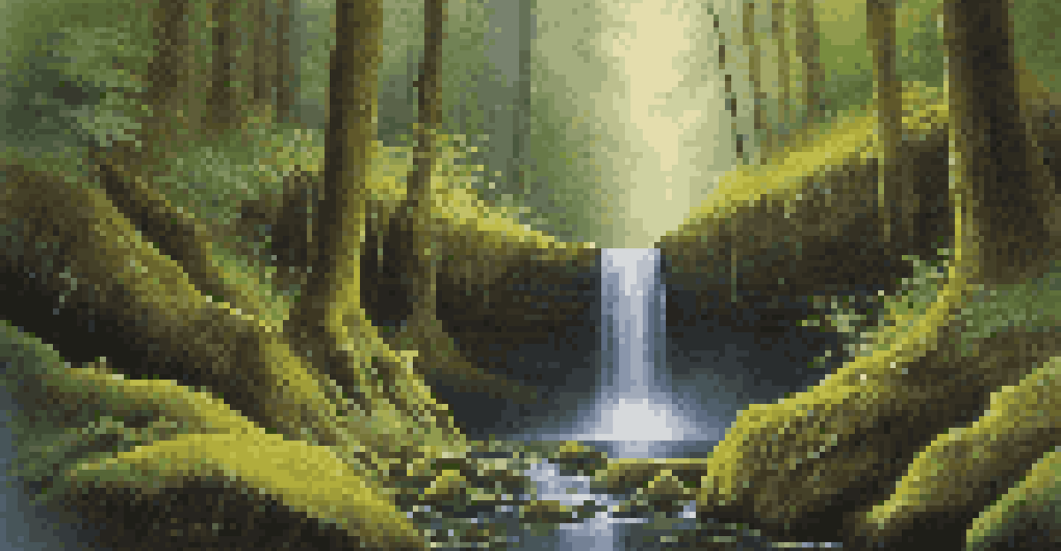 Marymere Falls nestled in a forest, with gentle water flow and lush greenery, evoking a fairy-tale ambiance.