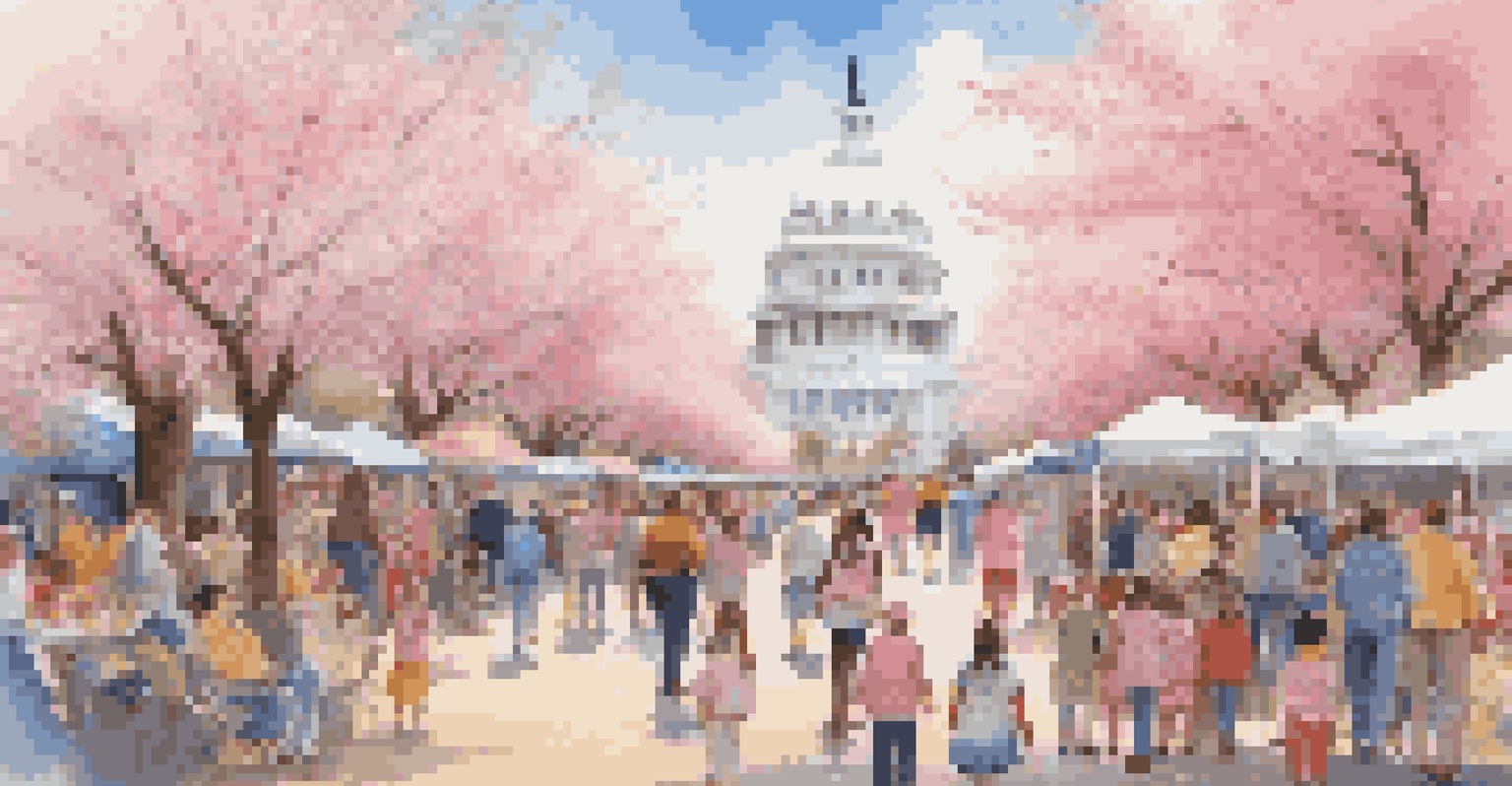 Families enjoying the Cherry Blossom Festival with blooming trees and colorful stalls.