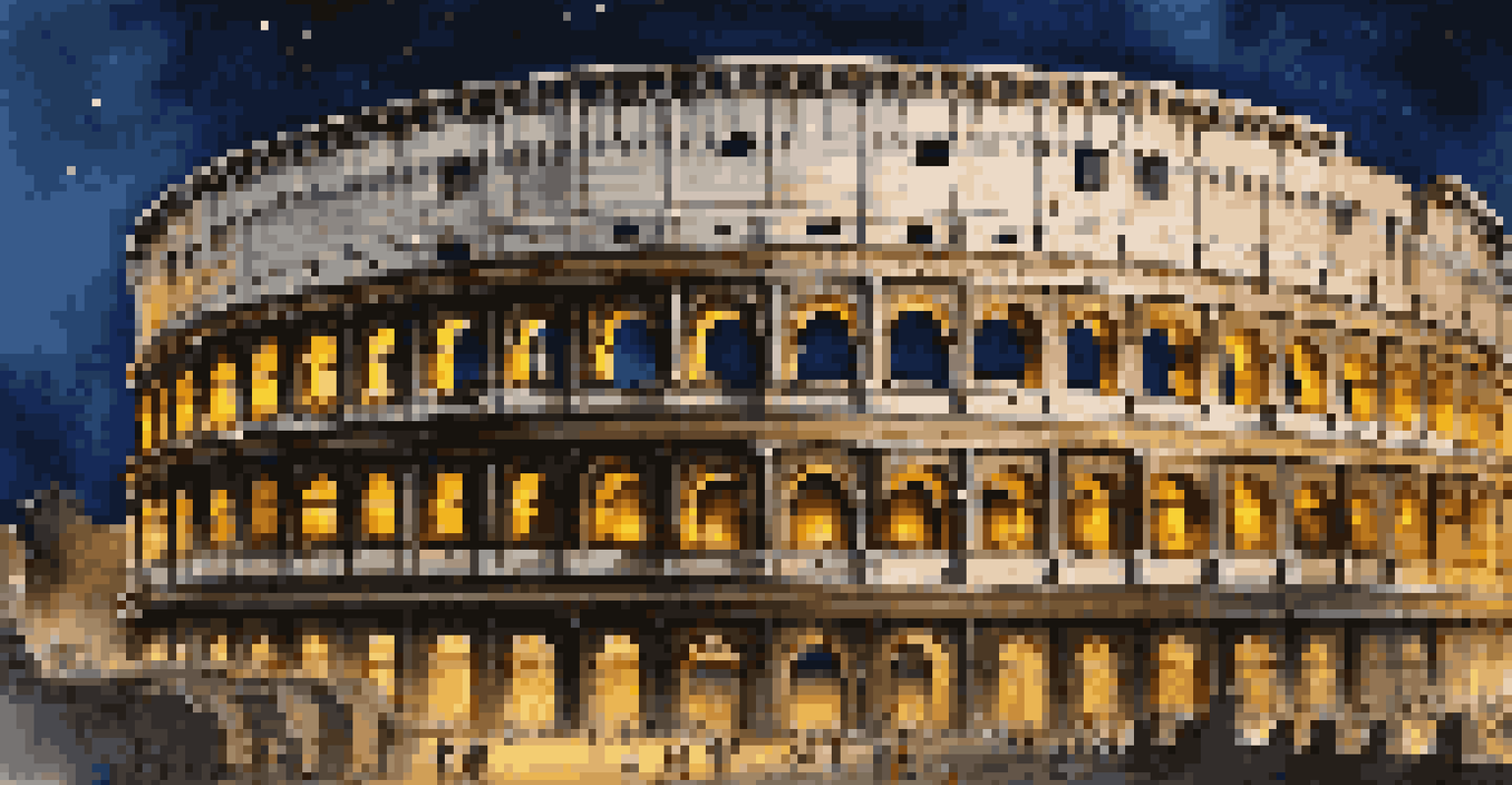 Colosseum at night with illuminated arches and starry sky.