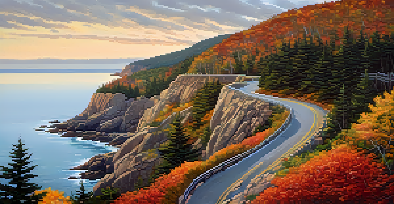 A coastal view of Acadia National Park with cliffs, ocean, and a carriage road surrounded by autumn trees.