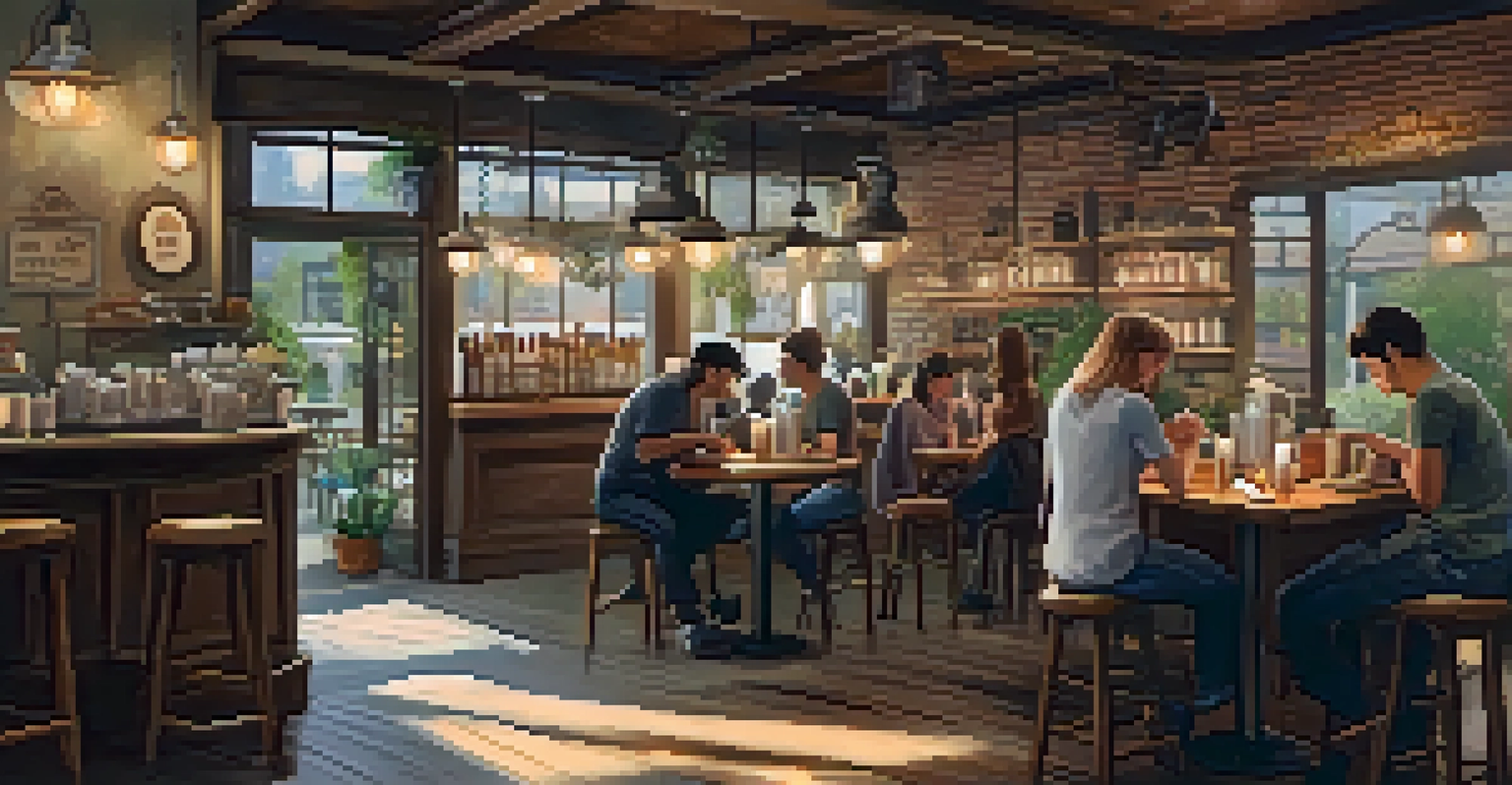 A warm café scene with a cup of coffee on a wooden table and a barista preparing drinks in the background.