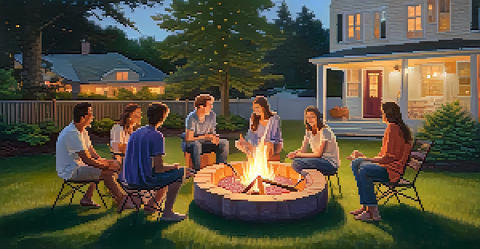 A group of friends enjoying a summer evening around a fire pit, roasting marshmallows with fairy lights in the background and a sunset sky.