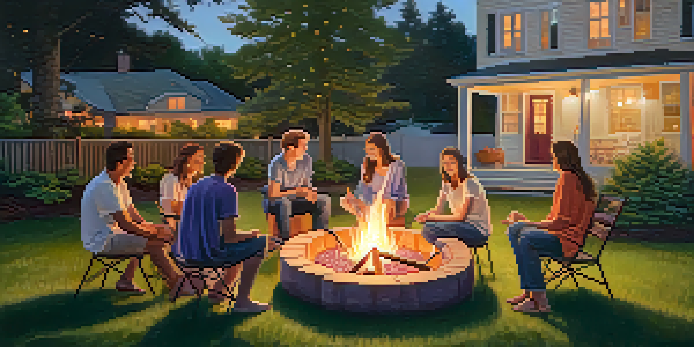 A group of friends enjoying a summer evening around a fire pit, roasting marshmallows with fairy lights in the background and a sunset sky.