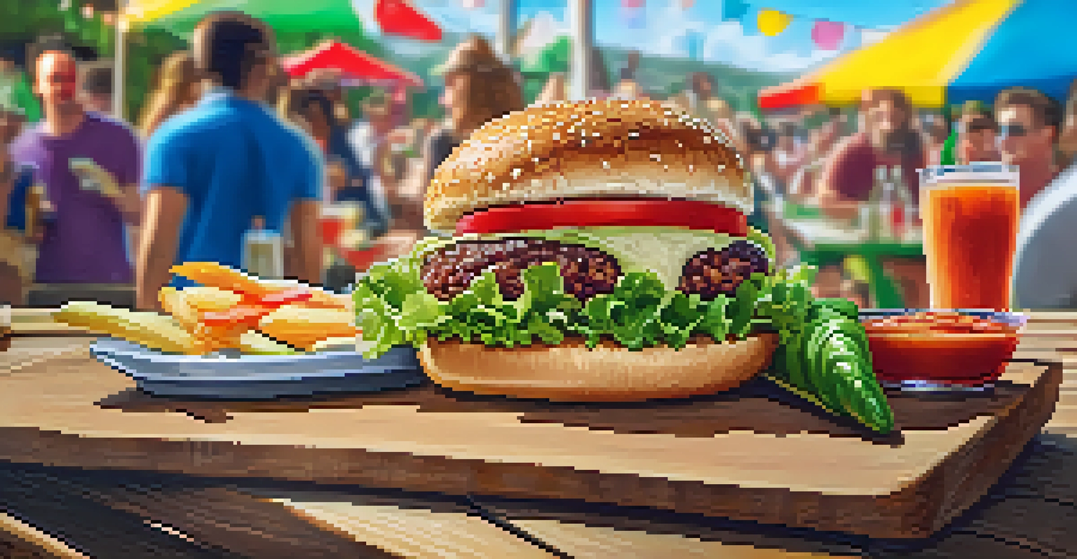 A detailed view of a vegan burger with fresh toppings on a picnic table, with festival-goers enjoying their time in the background.