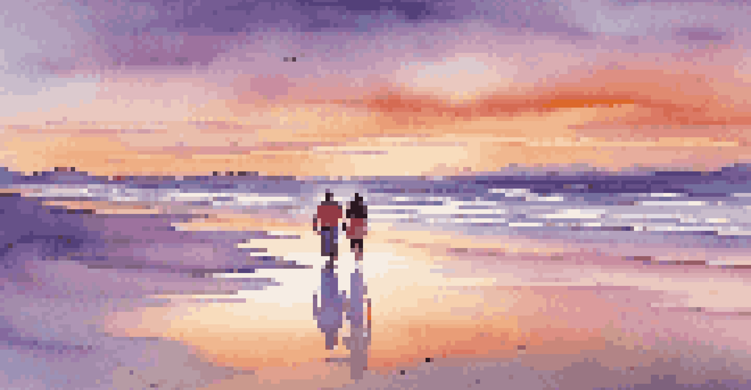 A couple walking on the beach at sunset, with colorful skies and calm waves.