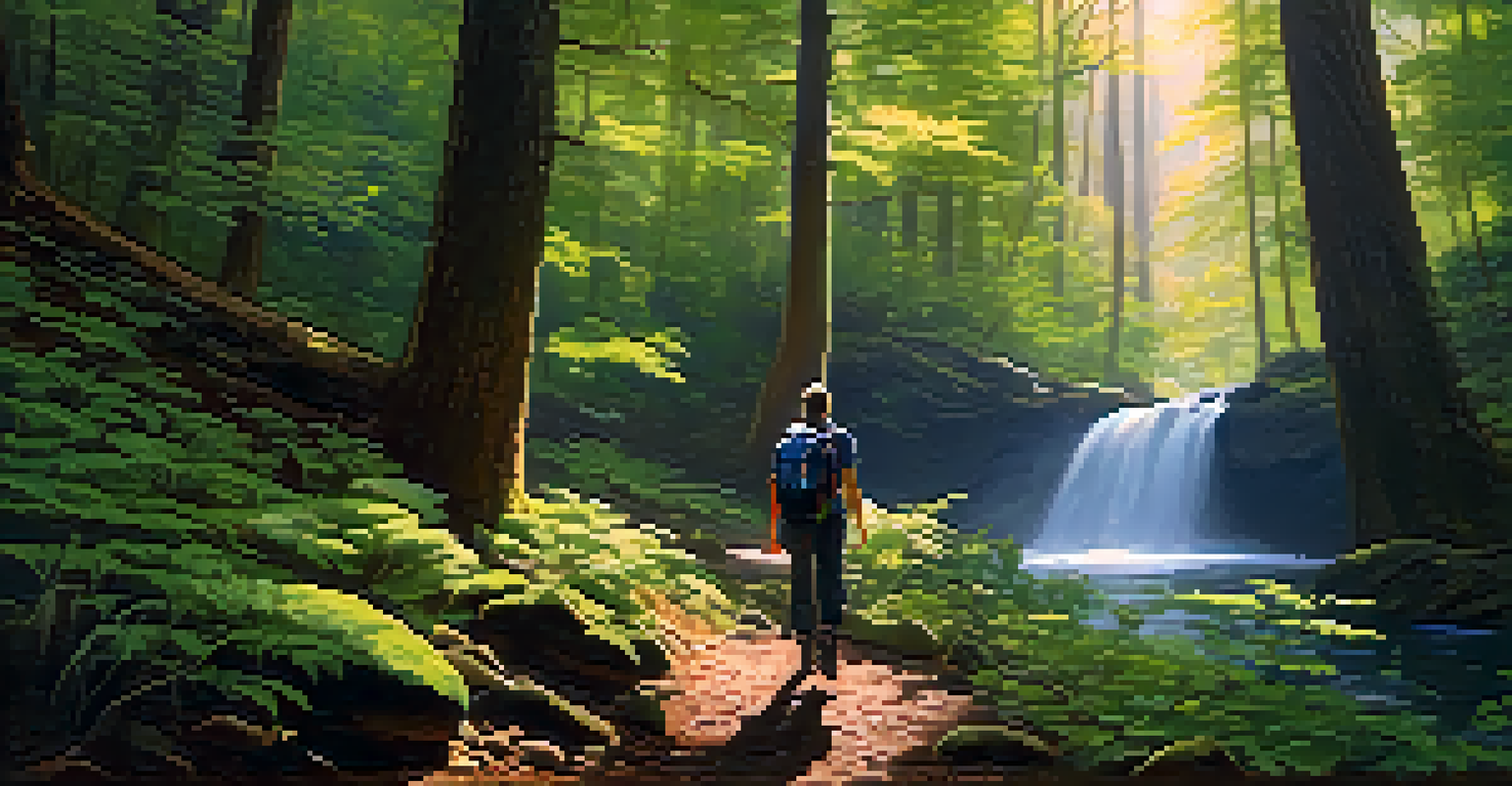 A hiker in a lush forest, pausing to look at a waterfall surrounded by trees.