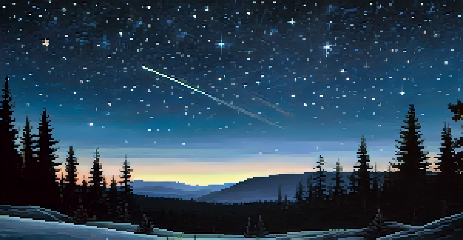 A starry night sky over a national park with silhouetted pine trees and a shooting star.