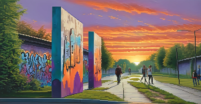 A colorful sunset over the Berlin Wall remnants, with graffiti art and people walking nearby.