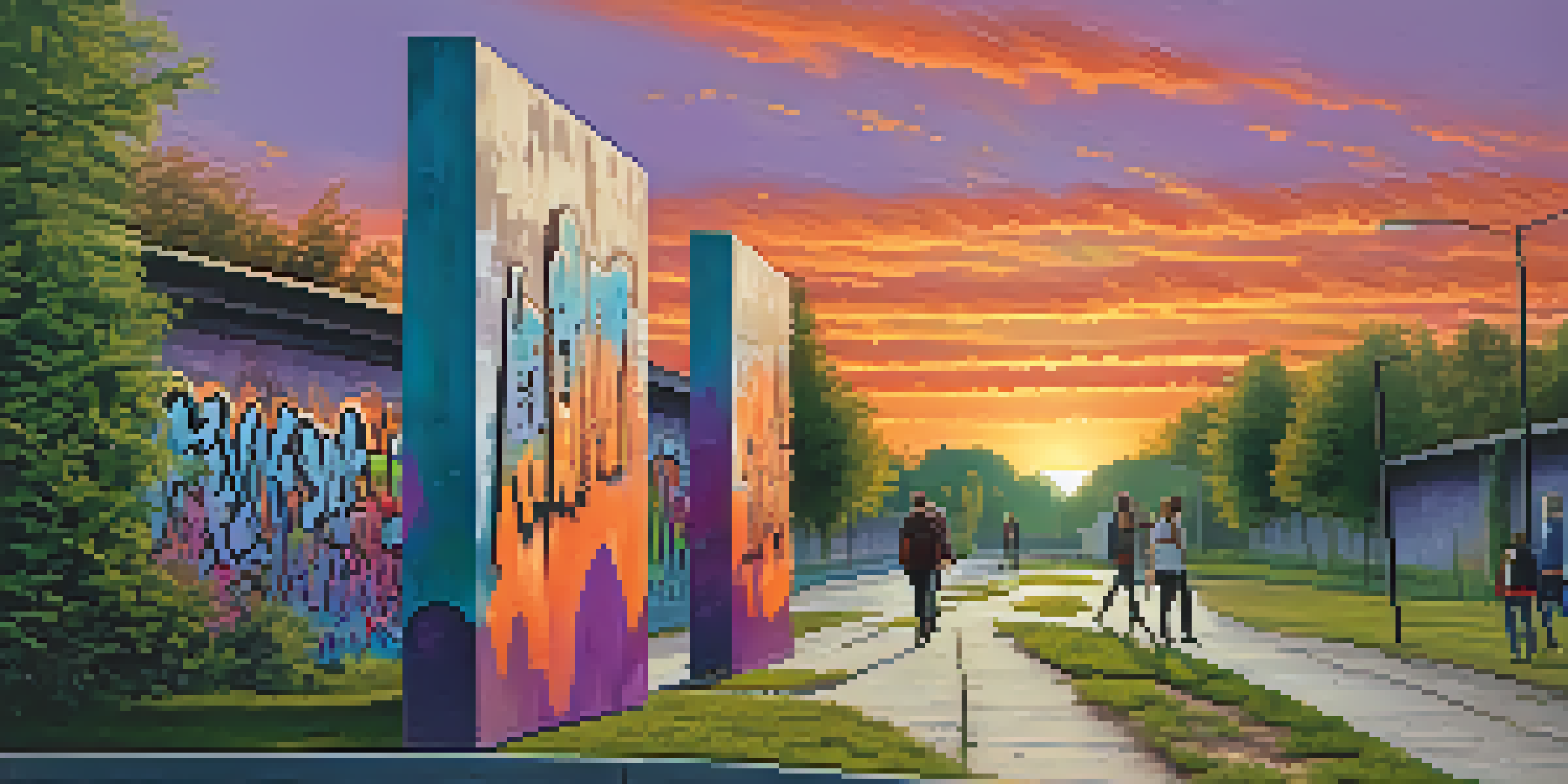 A colorful sunset over the Berlin Wall remnants, with graffiti art and people walking nearby.