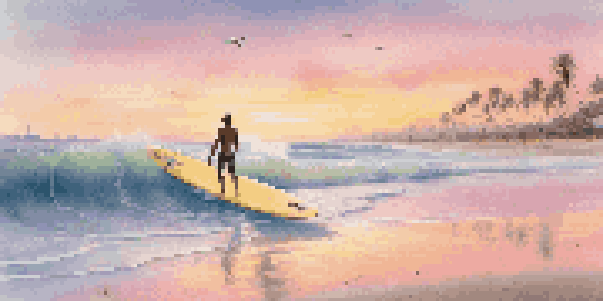 A beginner surfer on a yellow surfboard catching a gentle wave at sunrise, with a pastel sky and palm trees in the background.