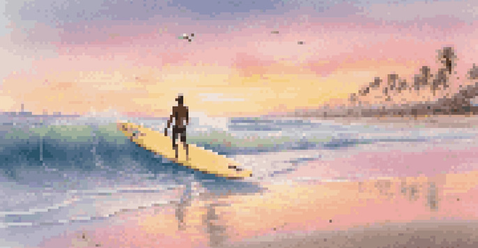 A beginner surfer on a yellow surfboard catching a gentle wave at sunrise, with a pastel sky and palm trees in the background.