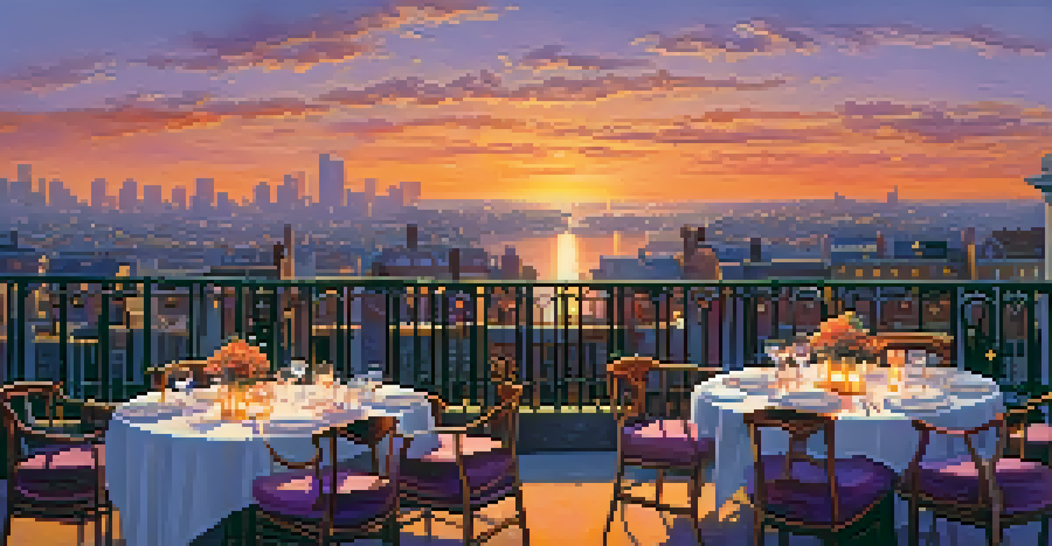 A rooftop restaurant at sunset, with diners enjoying gourmet dishes and a beautiful view of the city, illuminated by candlelight.