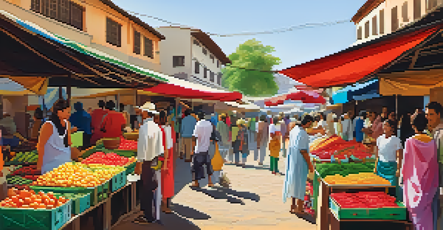 A lively local market with colorful stalls and artisans interacting with visitors, showcasing handmade crafts.