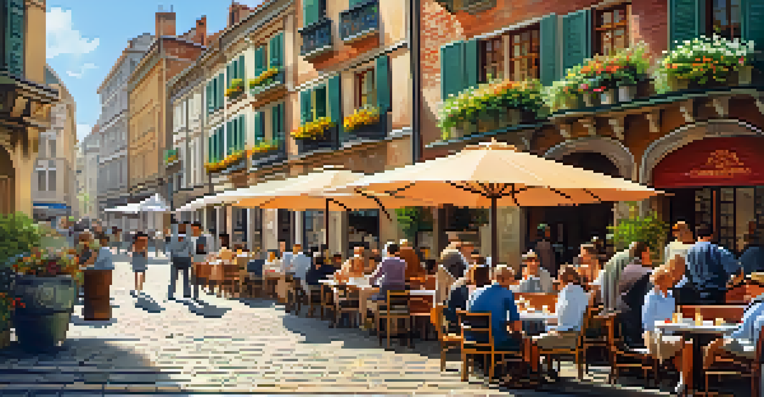 A cozy outdoor café in a European city with colorful flowers and people enjoying their drinks near beautiful historical buildings.