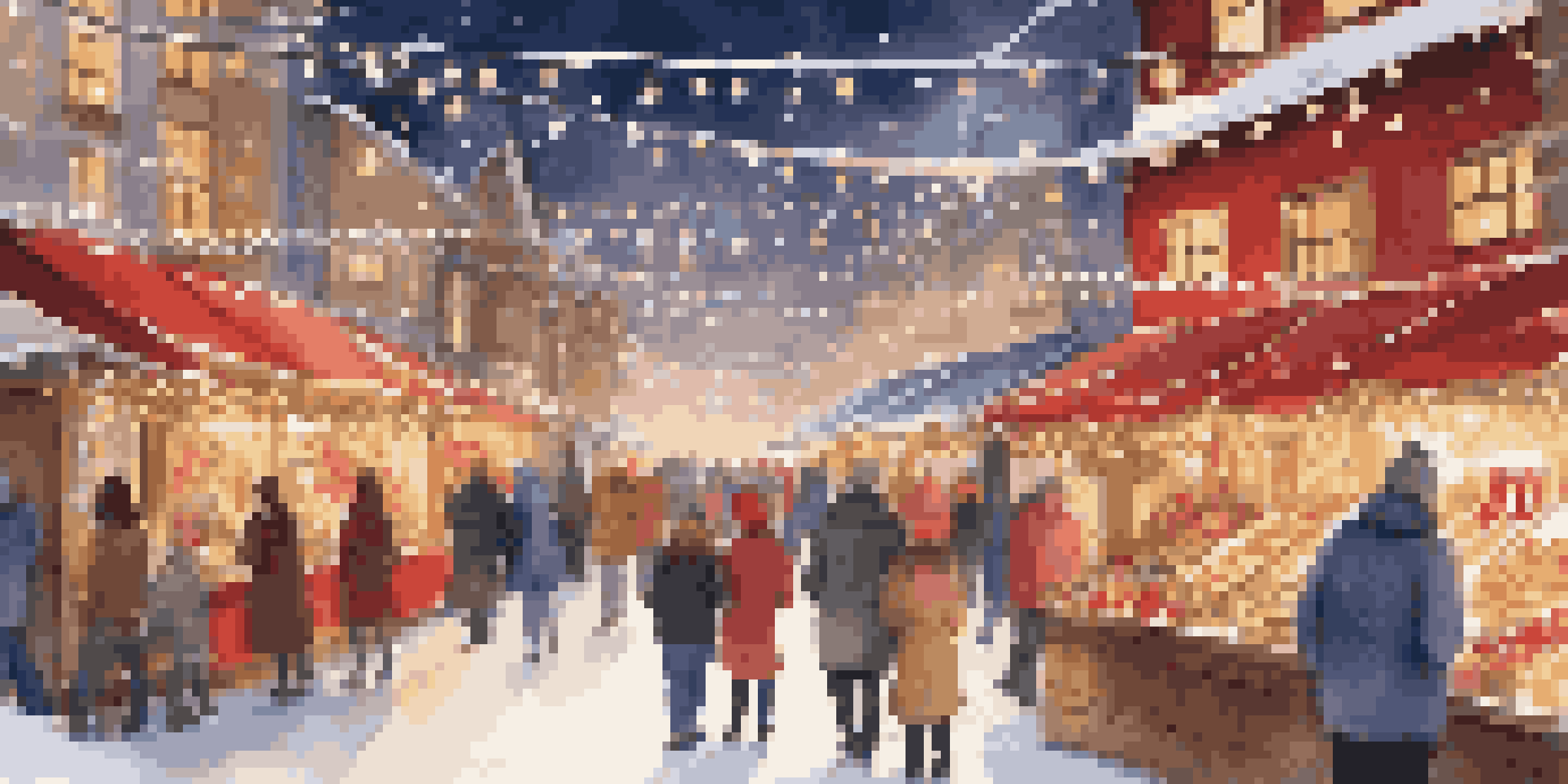 A lively holiday market with decorated stalls, shoppers browsing, and a snowy backdrop.