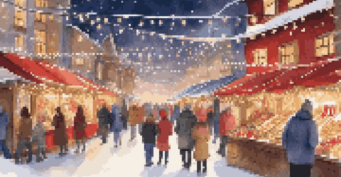 A lively holiday market with decorated stalls, shoppers browsing, and a snowy backdrop.