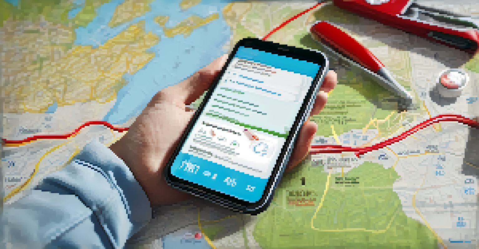 Close-up of a smartphone displaying emergency contact information alongside a map and first aid kit, emphasizing crisis preparedness.