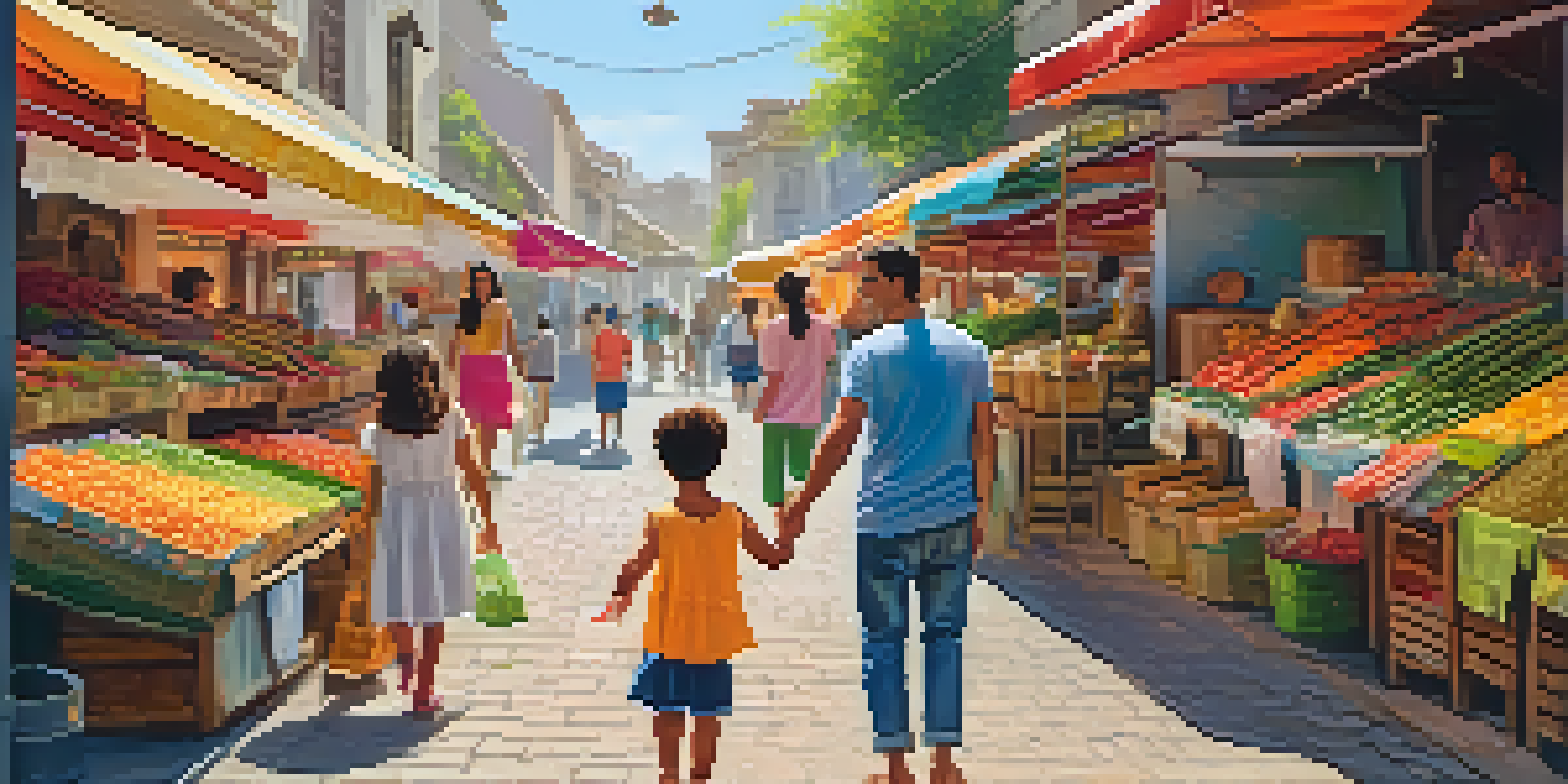 A family of four exploring a colorful city market, showing excitement and joy.