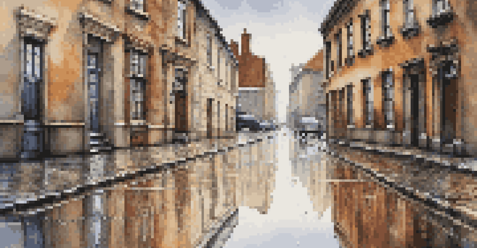 A close-up view of a cobblestone street with puddles reflecting historic buildings.