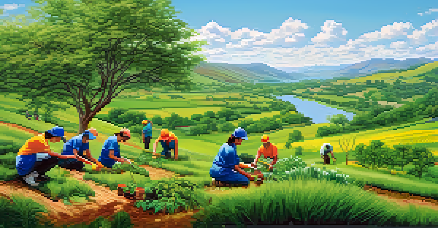 Volunteers planting trees in a beautiful green landscape with hills and a blue sky.