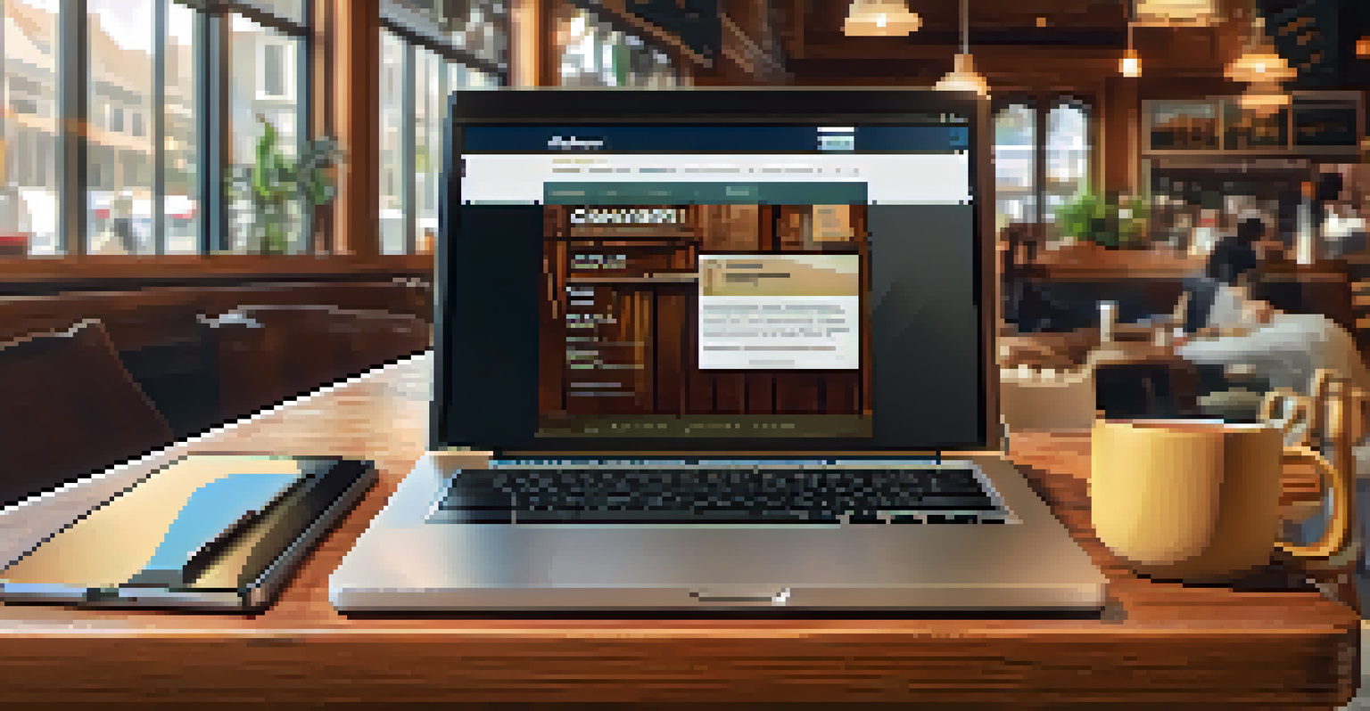 A laptop displaying a travel advisory website on a wooden table in a coffee shop, with a cup of coffee next to it.
