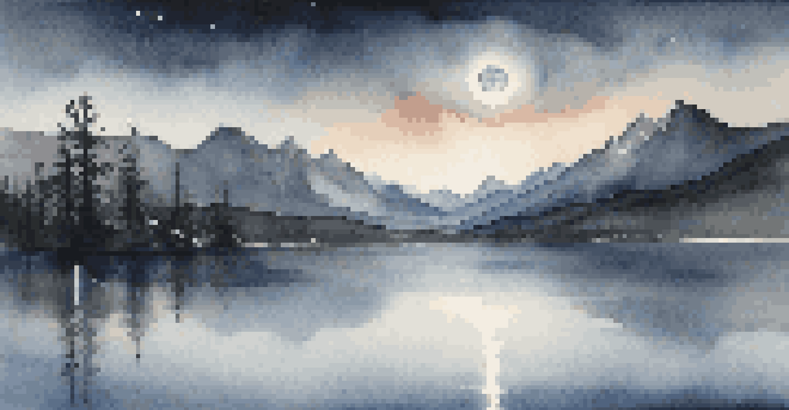 A moonlit mountain landscape with a calm lake reflecting the moonlight and a shooting star in the sky.