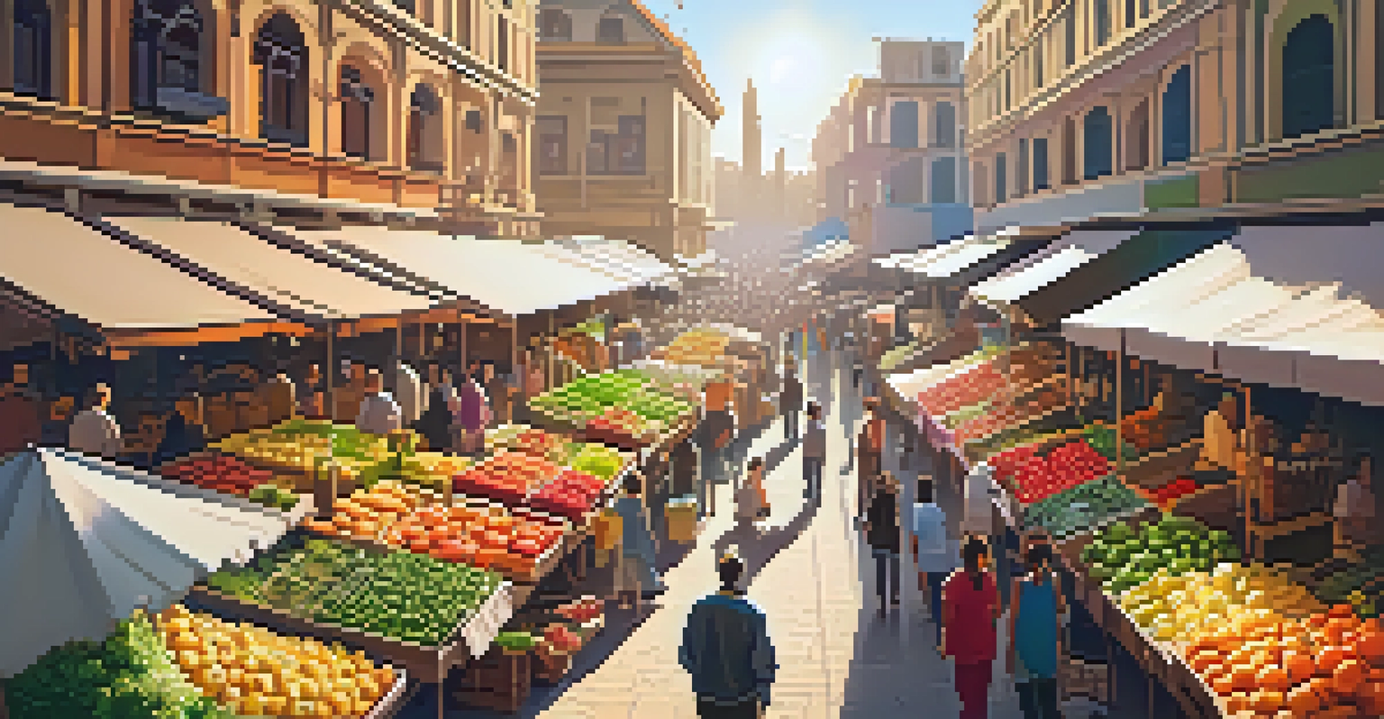 Aerial view of a busy market with colorful stalls and people, capturing the vibrant atmosphere.