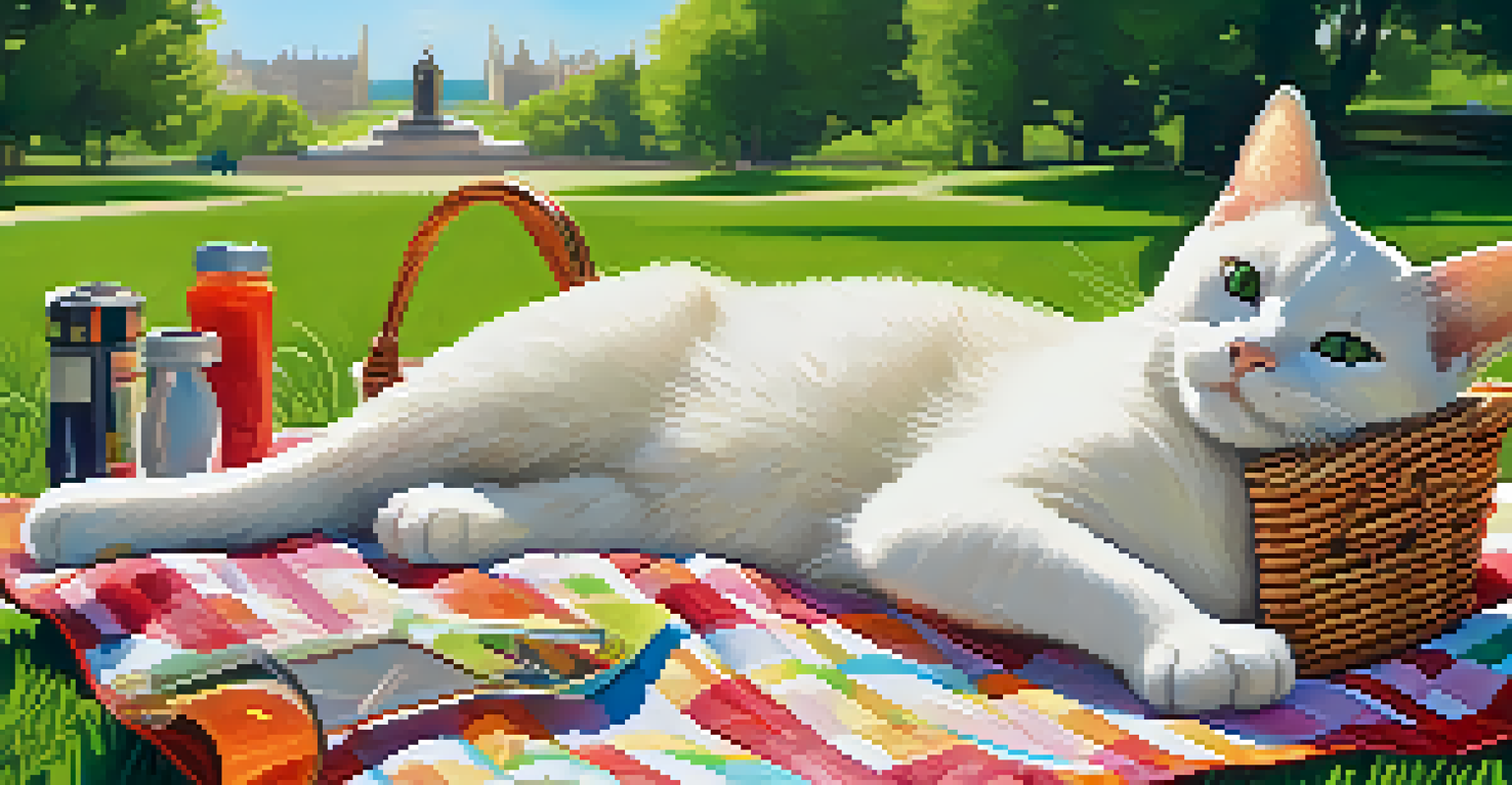 A relaxed cat lounging on a picnic blanket in a sunny park with travel items around.