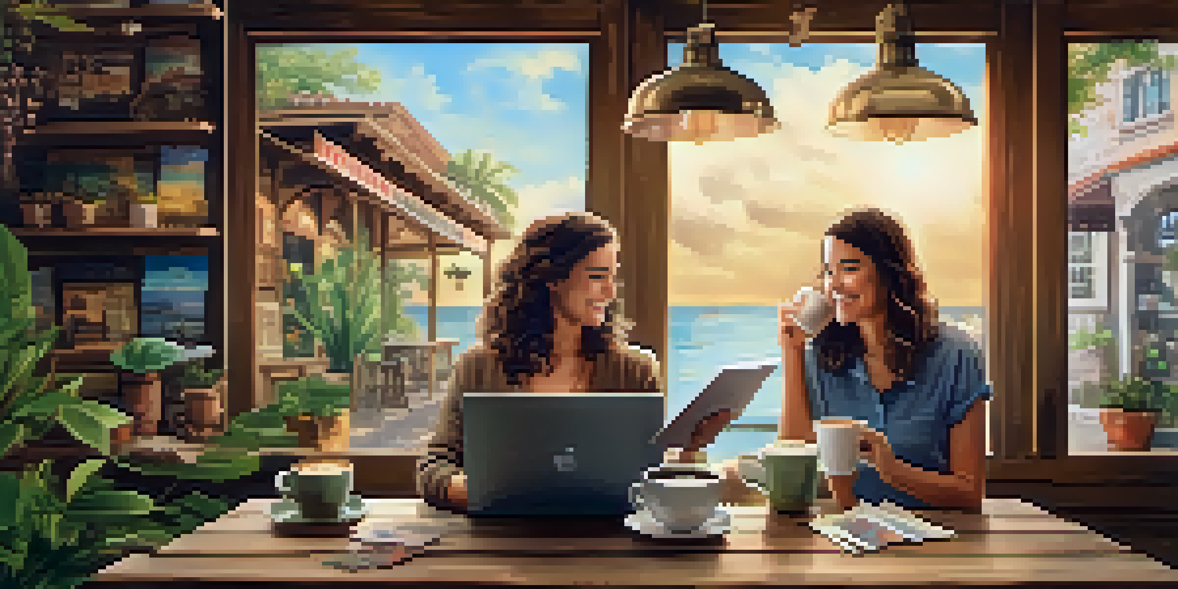 A couple discussing their travel budget over coffee in a cozy café setting, with travel brochures and a laptop on the table.