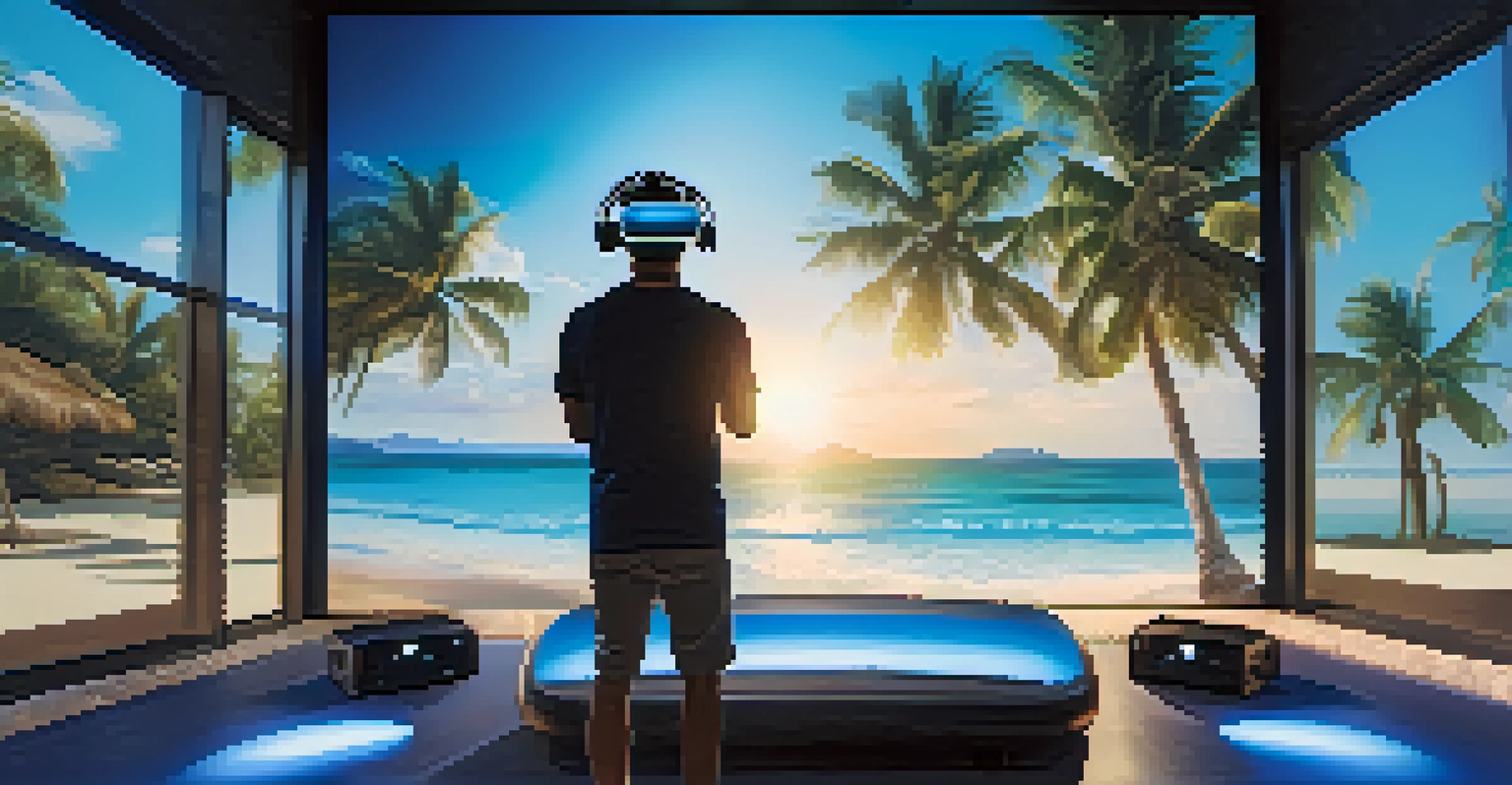 A person wearing a VR headset in a dimly lit room, with a large screen showing a beautiful beach scene.