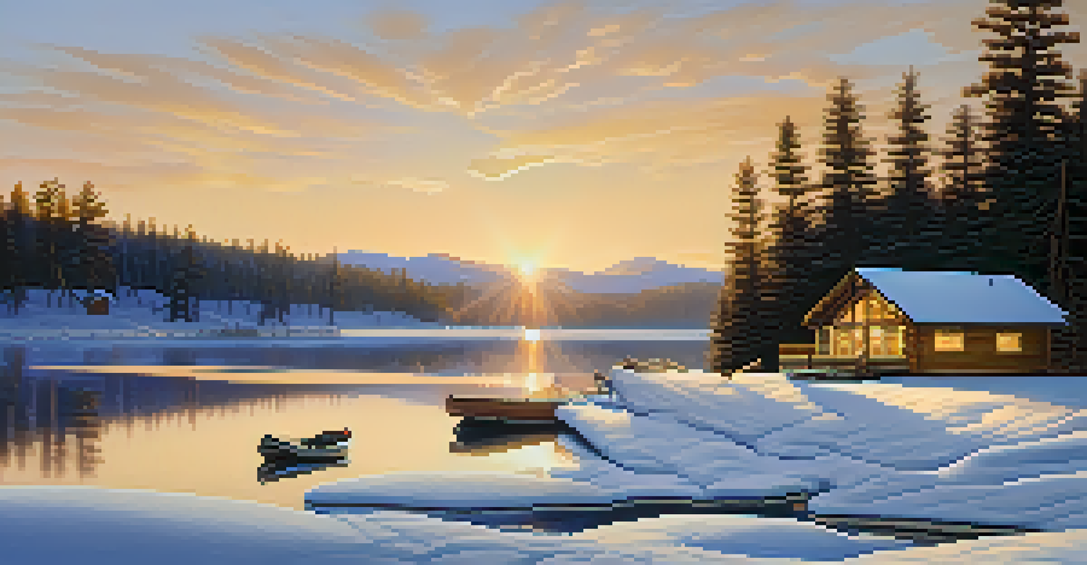 A peaceful lakeside view with a partially frozen lake and a cozy cabin surrounded by snow-covered trees at sunset.